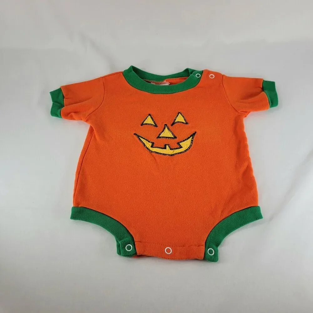 Vintage 90s Baby Pumpkin Halloween Costume Romper One-Piece 6-9m Retro 80s READ